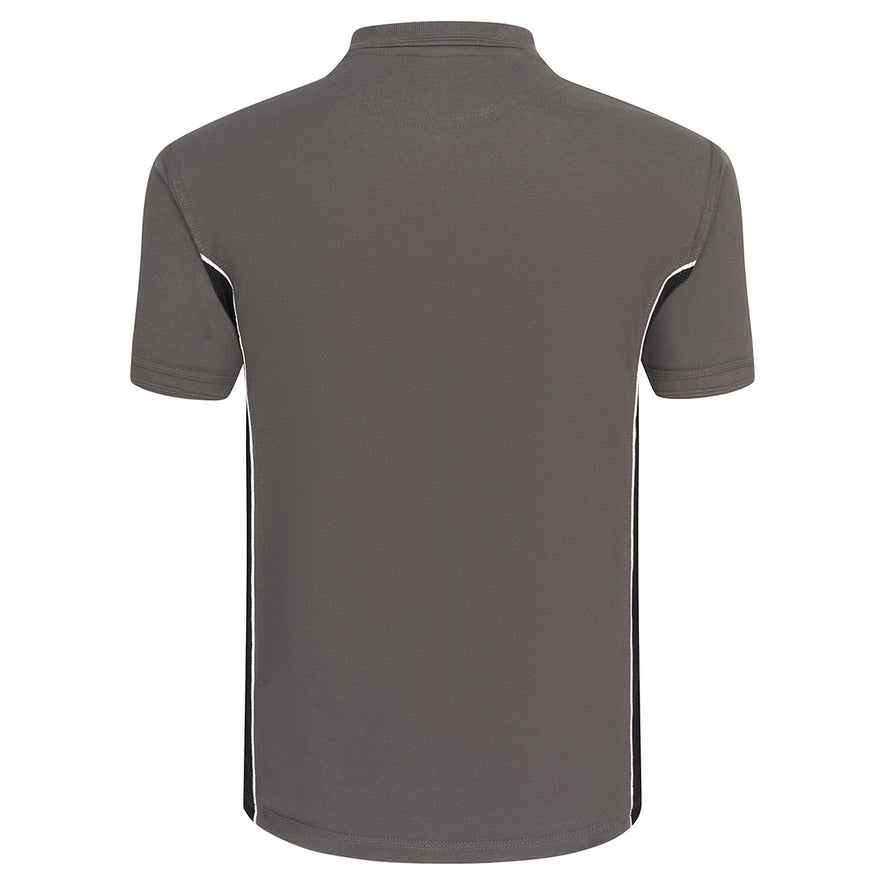 Back Of Orn Workwear Silverswift Poloshirt with button up collar in graphite grey with black contrast and white piping on the sides of the shirt.