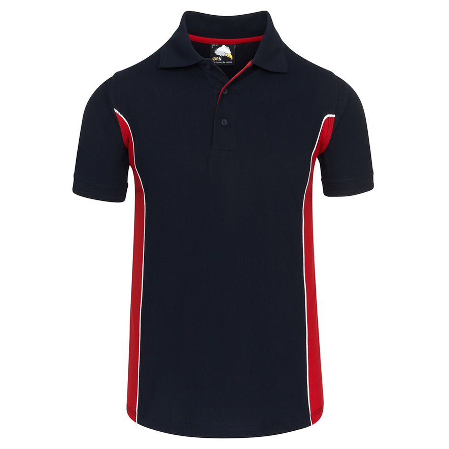 Orn Workwear Silverswift Poloshirt with button up collar in navy with red contrast and white piping on the sides of the shirt.