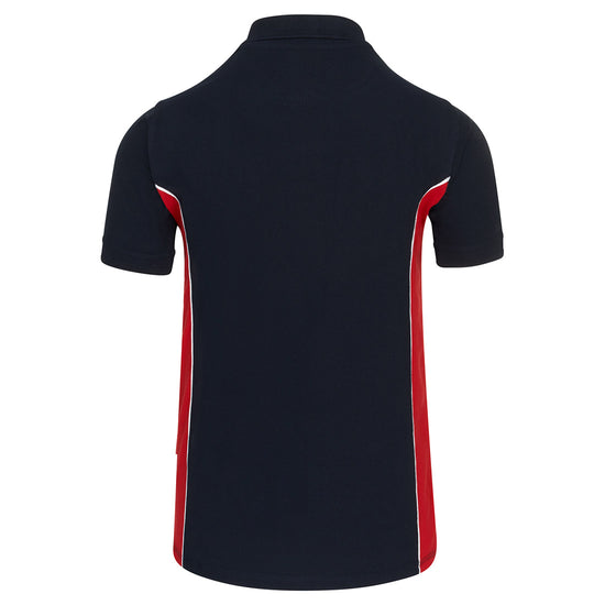 Back Of Orn Workwear Silverswift Poloshirt with button up collar in navy with red contrast and white piping on the sides of the shirt.