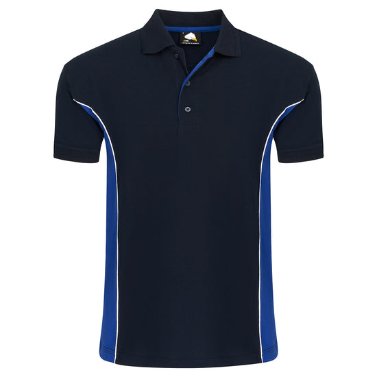 Orn Workwear Silverswift Poloshirt with button up collar in navy with royal blue contrast and white piping on the sides of the shirt.