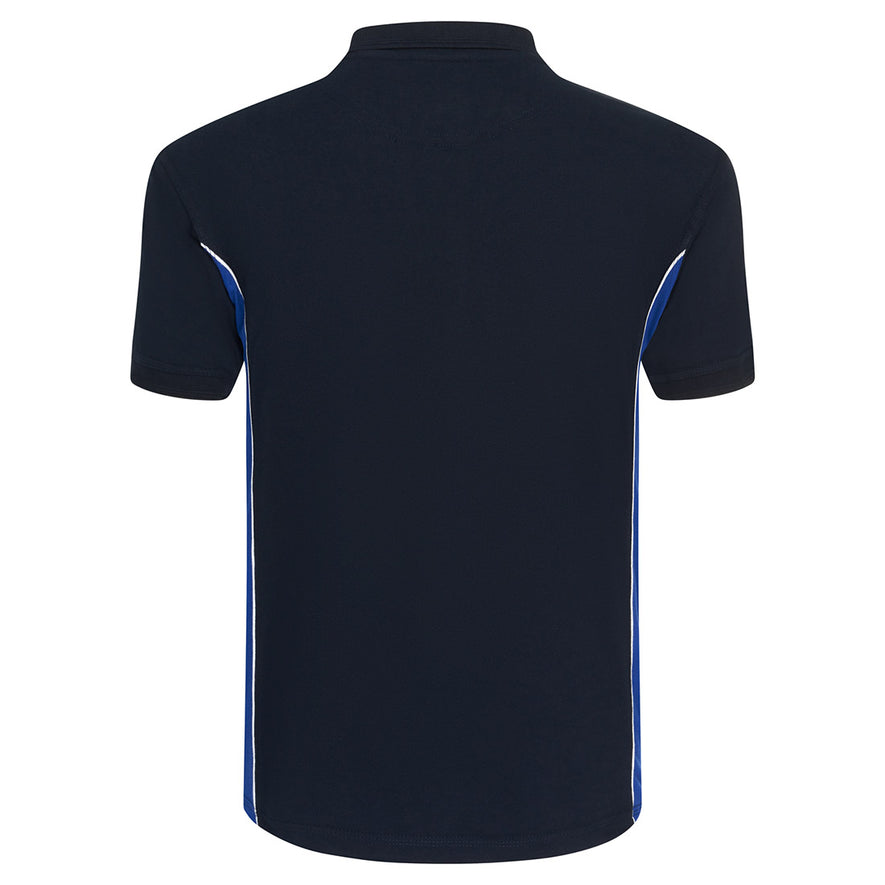 Back Of Orn Workwear Silverswift Poloshirt with button up collar in navy with royal blue contrast and white piping on the sides of the shirt.