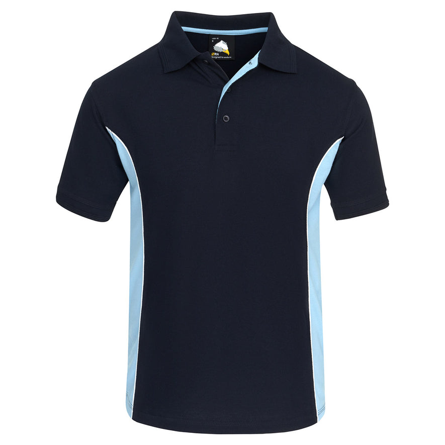 Orn Workwear Silverswift Poloshirt with button up collar in navy with sky blue contrast and white piping on the sides of the shirt.