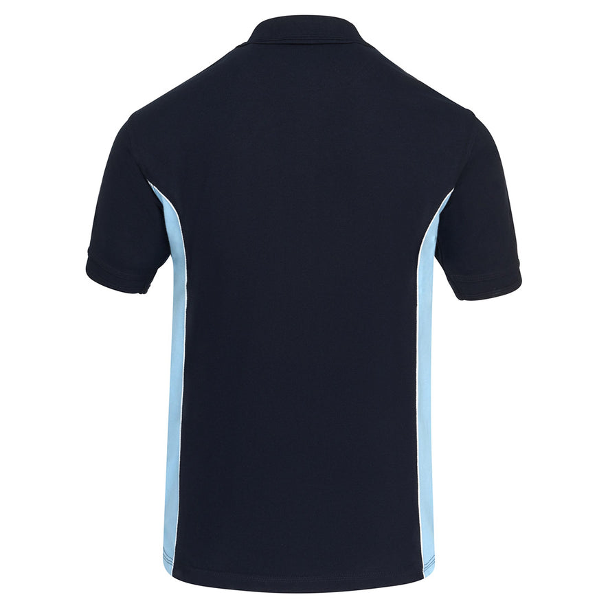 Back Of Orn Workwear Silverswift Poloshirt with button up collar in navy with sky blue contrast and white piping on the sides of the shirt.