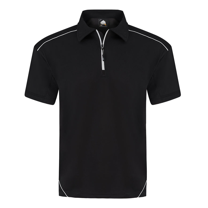 Orn Workwear Fireback Wicking Poloshirt with zip collar in black with white piping for contrast.