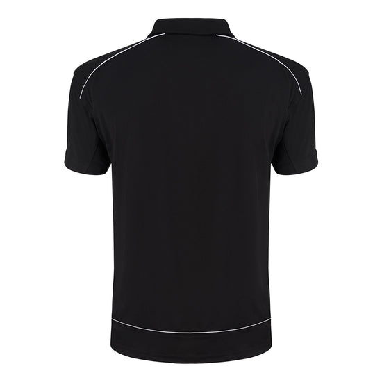 Back of Orn Workwear Fireback Wicking Poloshirt with zip collar in black with white piping for contrast.