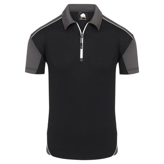 Back of Orn Workwear Fireback Wicking Poloshirt with zip collar in black with a graphite grey collar, arms and white piping for contrast.