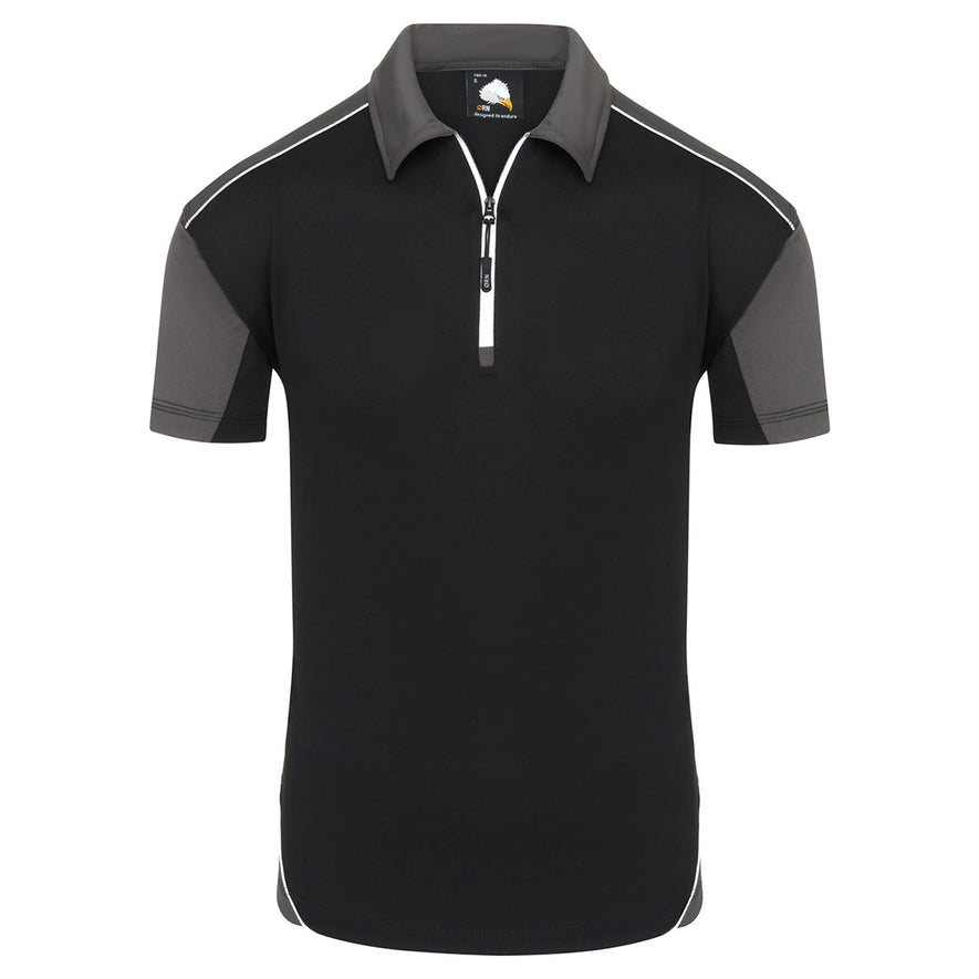 Back of Orn Workwear Fireback Wicking Poloshirt with zip collar in black with a graphite grey collar, arms and white piping for contrast.