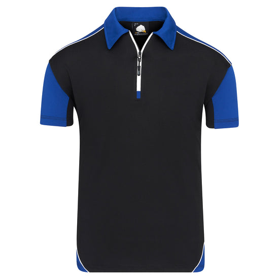 Orn Workwear Fireback Wicking Poloshirt with zip collar in black with a royal blue collar, arms and white piping for contrast.