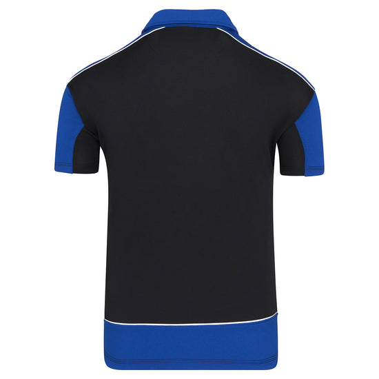 Back of Orn Workwear Fireback Wicking Poloshirt with zip collar in black with a royal blue collar, arms and white piping for contrast.