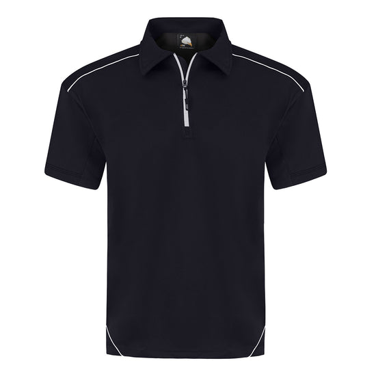 Orn Workwear Fireback Wicking Poloshirt with zip collar in navy with white piping for contrast.