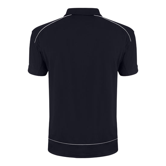 Back of Orn Workwear Fireback Wicking Poloshirt with zip collar in navy with white piping for contrast.