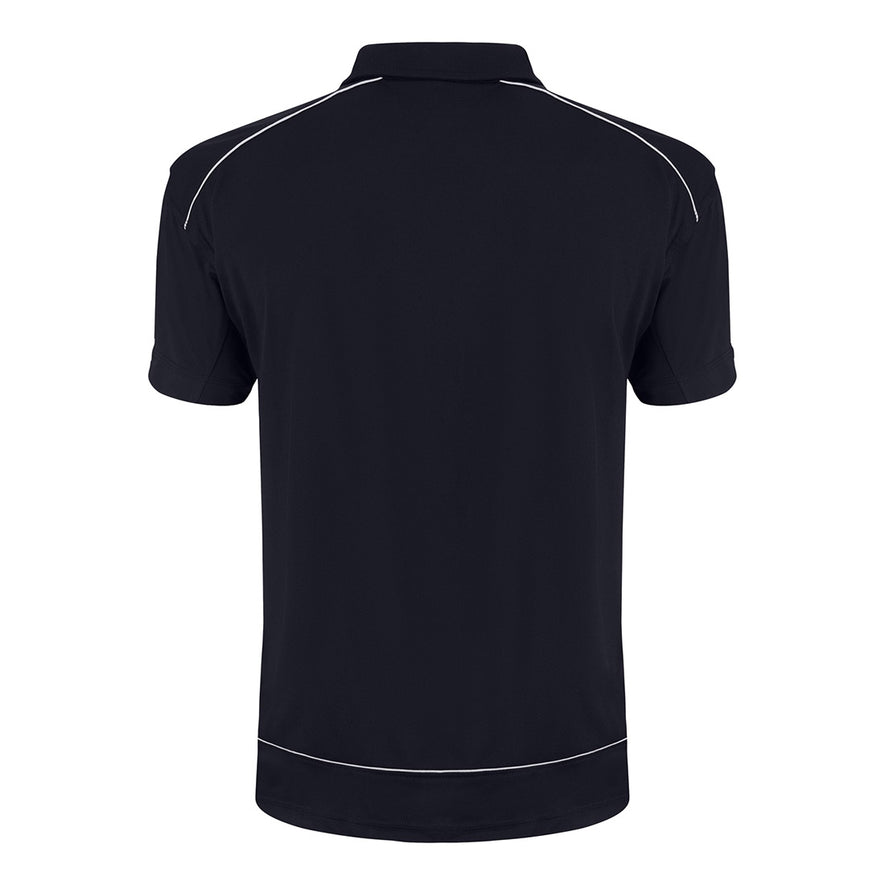 Back of Orn Workwear Fireback Wicking Poloshirt with zip collar in navy with white piping for contrast.