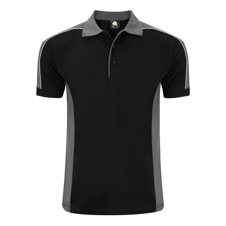Orn Workwear Avocet Poloshirt with button up collar in black with graphite grey contrast on the collar, arms and sides of the shirt, with white piping.