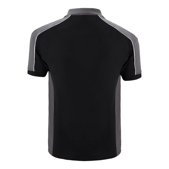 Back of Orn Workwear Avocet Poloshirt with button up collar in black with graphite grey contrast on the collar, arms and sides of the shirt, with white piping.