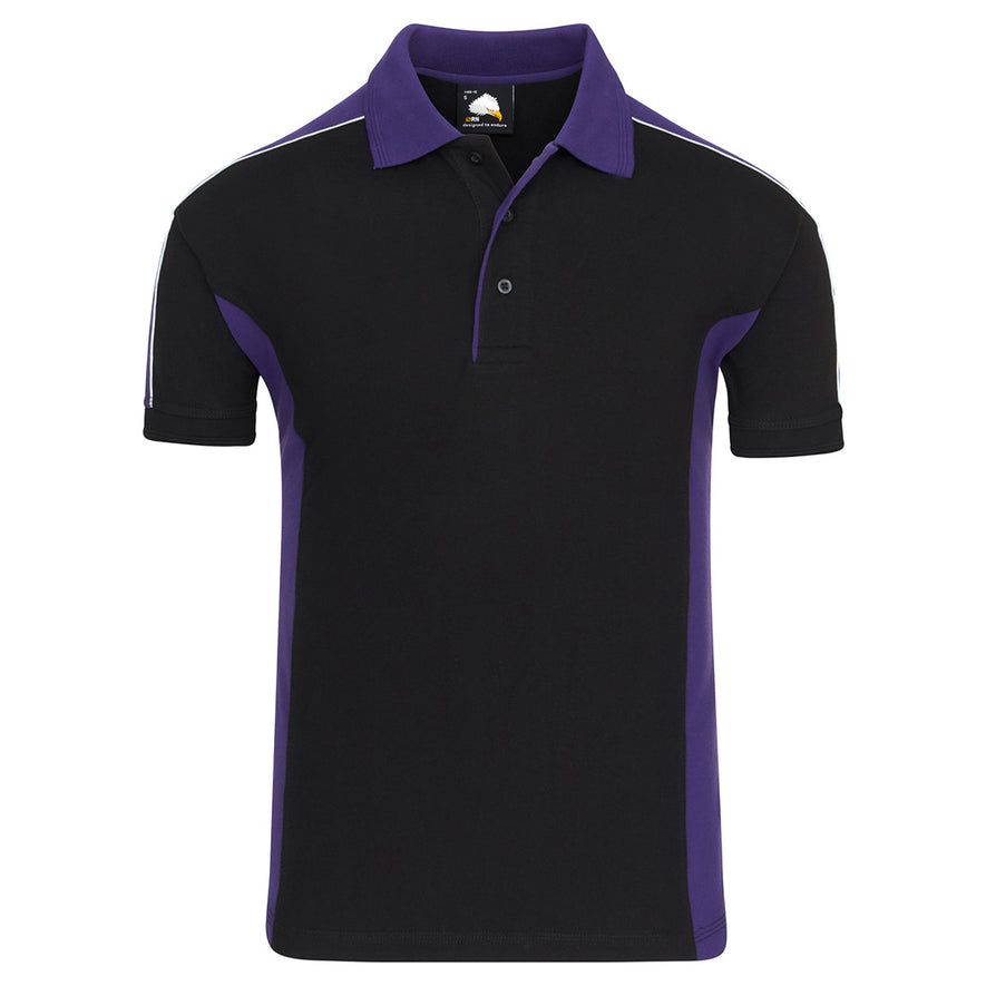 Orn Workwear Avocet Poloshirt with button up collar in black with purple contrast on the collar, arms and sides of the shirt, with white piping.