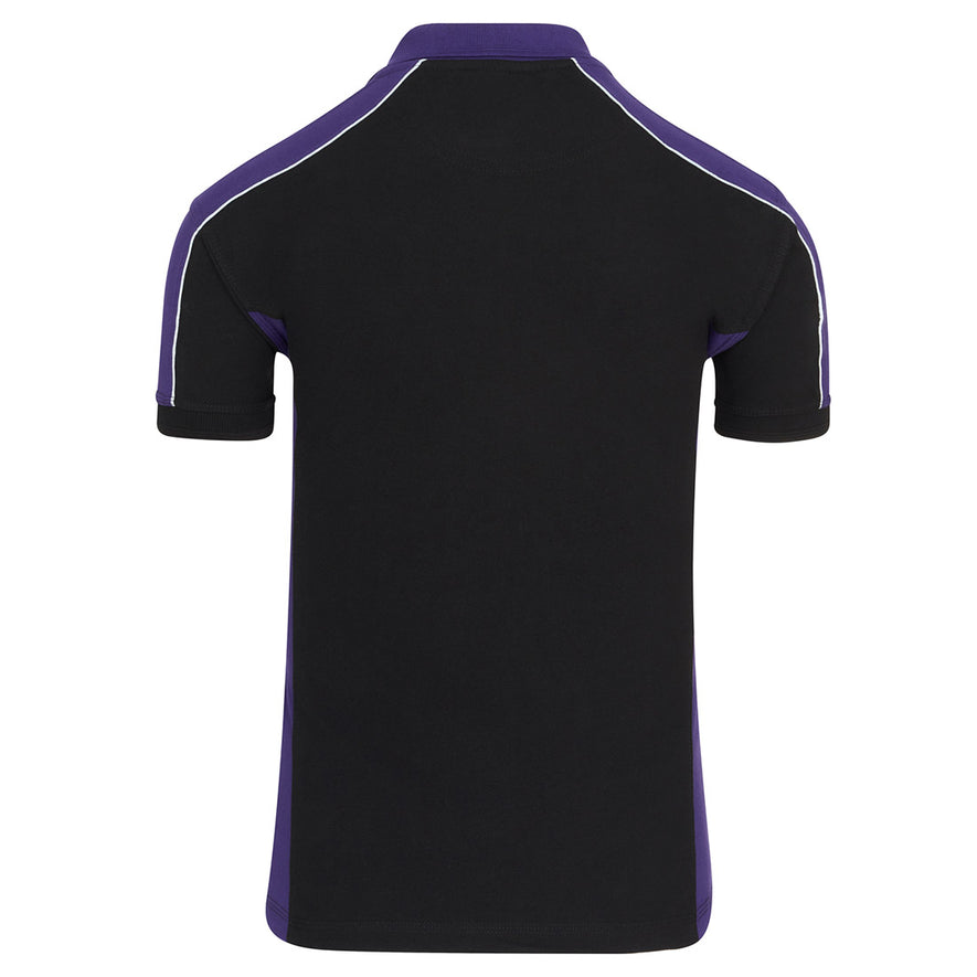 Back of Orn Workwear Avocet Poloshirt with button up collar in black with purple contrast on the collar, arms and sides of the shirt, with white piping.