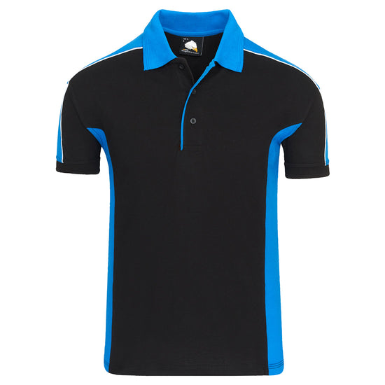 Orn Workwear Avocet Poloshirt with button up collar in black with reflex blue contrast on the collar, arms and sides of the shirt, with white piping.
