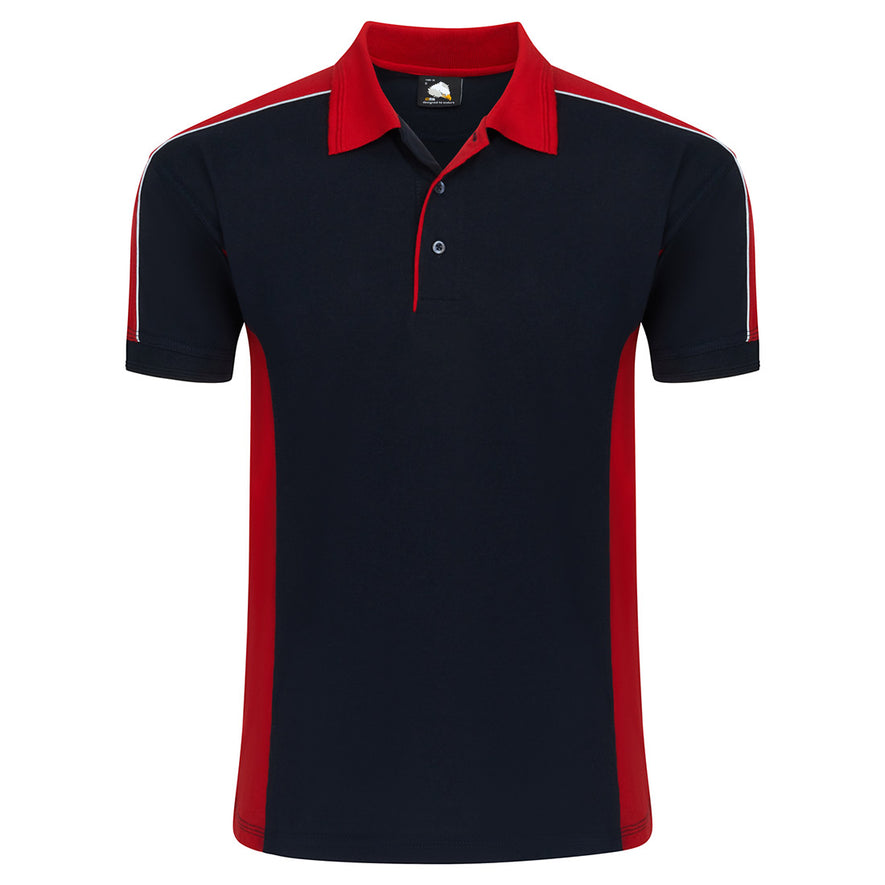Orn Workwear Avocet Poloshirt with button up collar in black with red contrast on the collar, arms and sides of the shirt, with white piping.