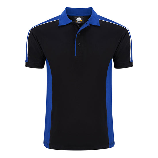 Orn Workwear Avocet Poloshirt with button up collar in black with royal blue contrast on the collar, arms and sides of the shirt, with white piping.