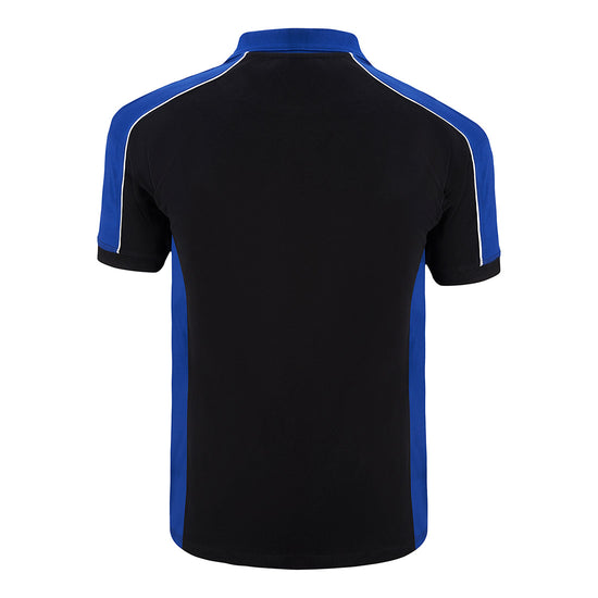 Back of Orn Workwear Avocet Poloshirt with button up collar in black with royal blue contrast on the collar, arms and sides of the shirt, with white piping.