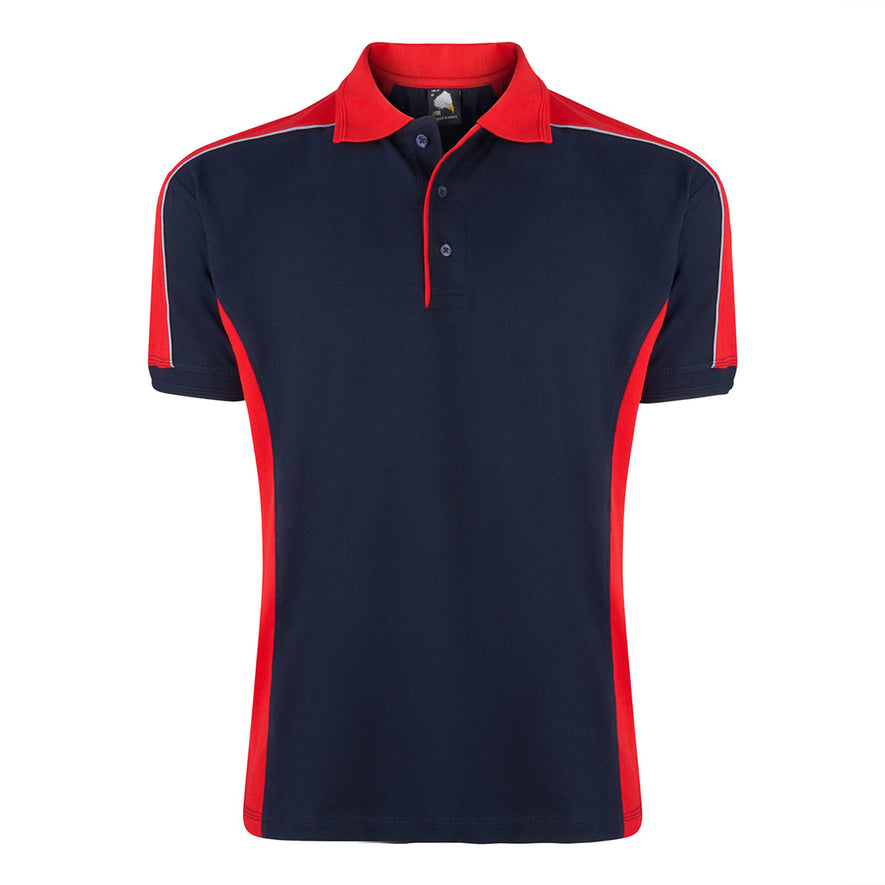 Orn Workwear Avocet Poloshirt with button up collar in navy with red contrast on the collar, arms and sides of the shirt, with white piping.