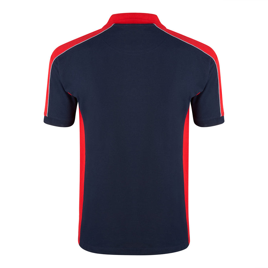 Back of Orn Workwear Avocet Poloshirt with button up collar in navy with red contrast on the collar, arms and sides of the shirt, with white piping.