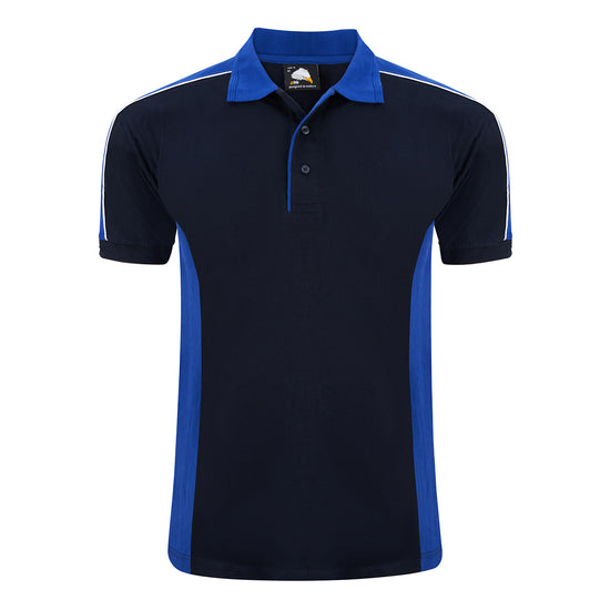 Orn Workwear Avocet Poloshirt with button up collar in navy with royal blue contrast on the collar, arms and sides of the shirt, with white piping.