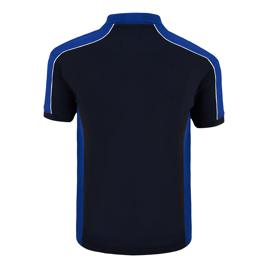 Back of Orn Workwear Avocet Poloshirt with button up collar in navy with royal blue contrast on the collar, arms and sides of the shirt, with white piping.