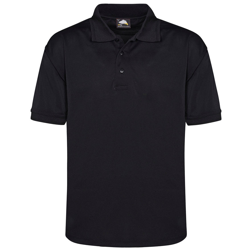 Orn Workwear Oriole Wicking Poloshirt with button up collar in black.