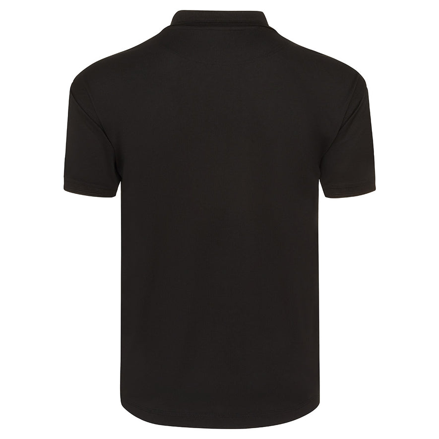 Back of Orn Workwear Oriole Wicking Poloshirt with button up collar in black.