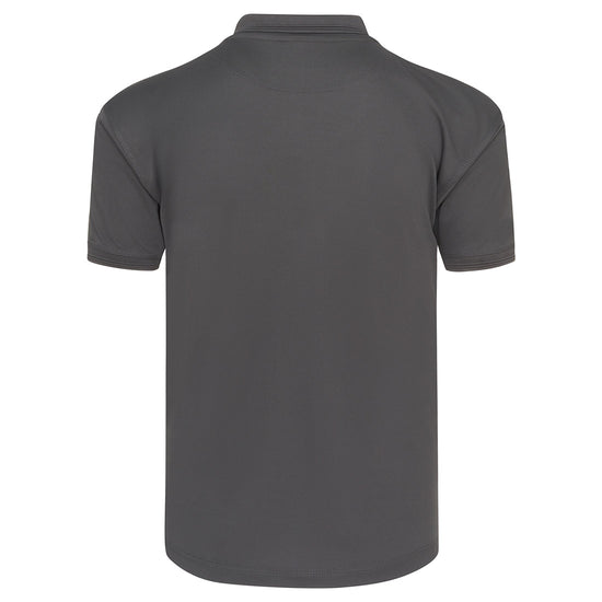 Back of Orn Workwear Oriole Wicking Poloshirt with button up collar in graphite.