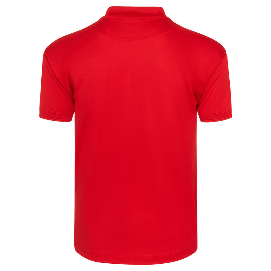 Back of Orn Workwear Oriole Wicking Poloshirt with button up collar in red.