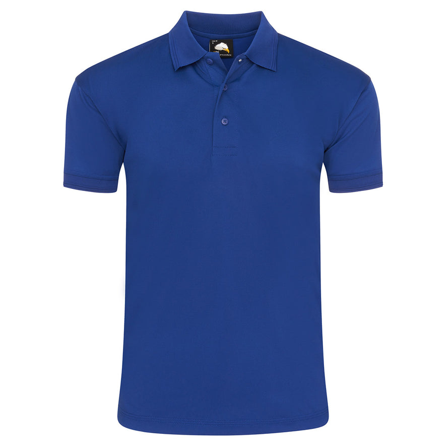 Orn Workwear Oriole Wicking Poloshirt with button up collar in royal blue.