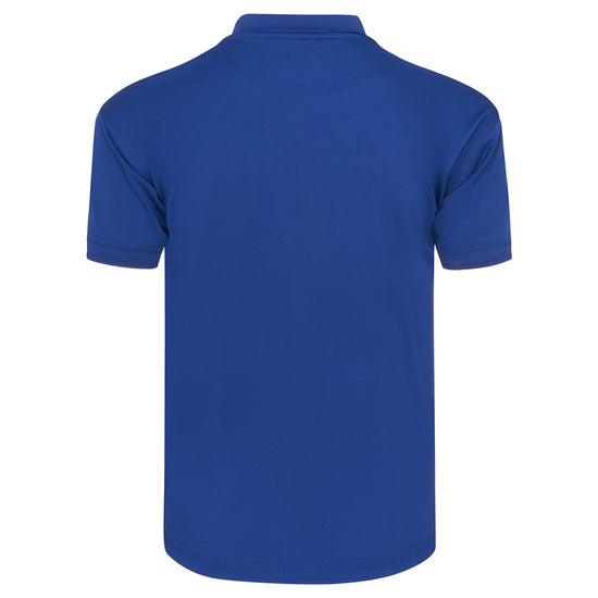 Back of Orn Workwear Oriole Wicking Poloshirt with button up collar in royal blue.