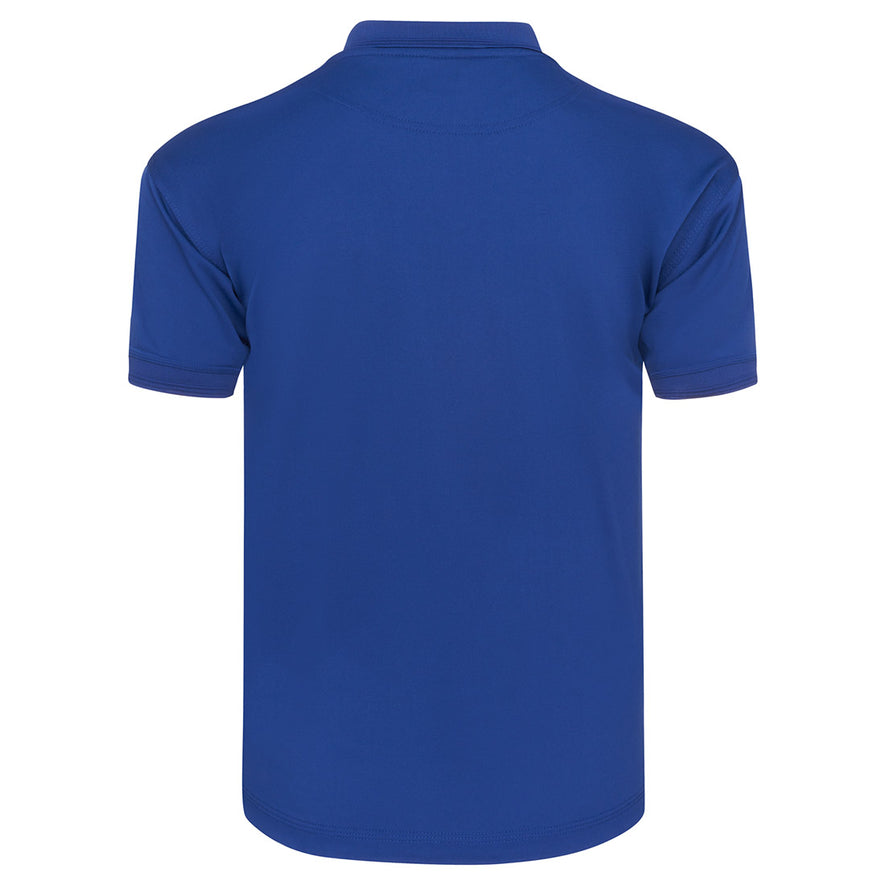 Back of Orn Workwear Oriole Wicking Poloshirt with button up collar in royal blue.