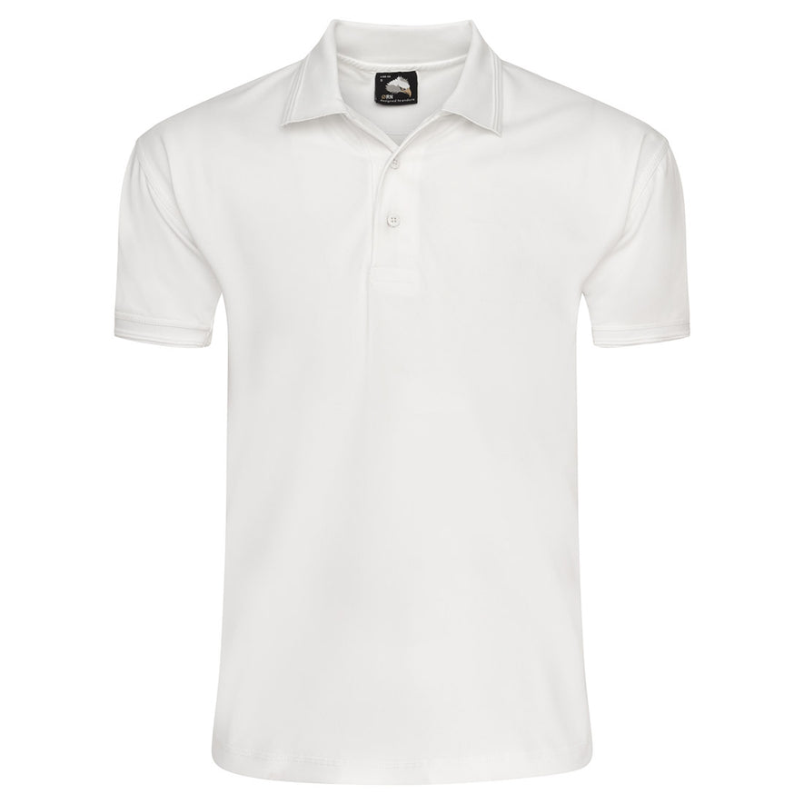 Orn Workwear Oriole Wicking Poloshirt with button up collar in white.