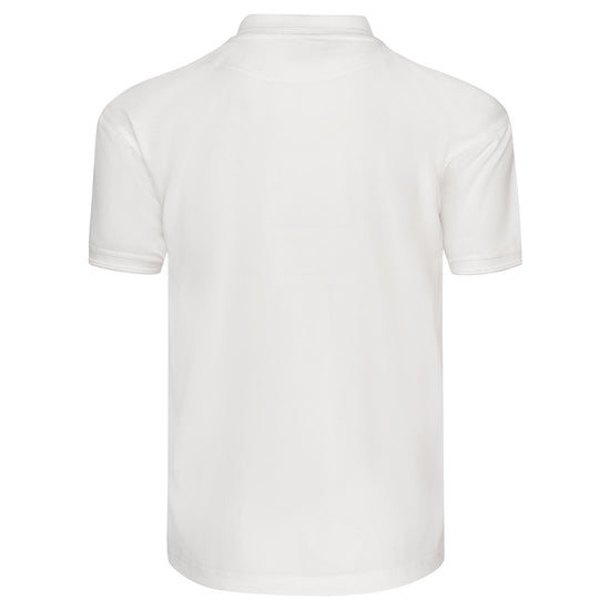 Back of Orn Workwear Oriole Wicking Poloshirt with button up collar in white.