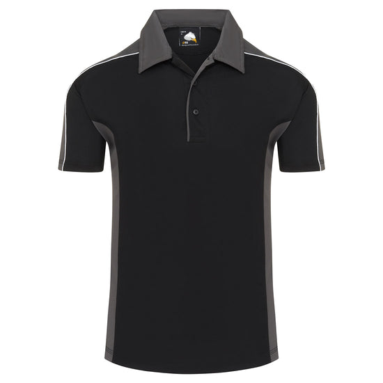 Orn Workwear Avocet Wicking Poloshirt with button up collar in black with graphite grey contrast on the collar, arms and sides of the shirt, with white piping.