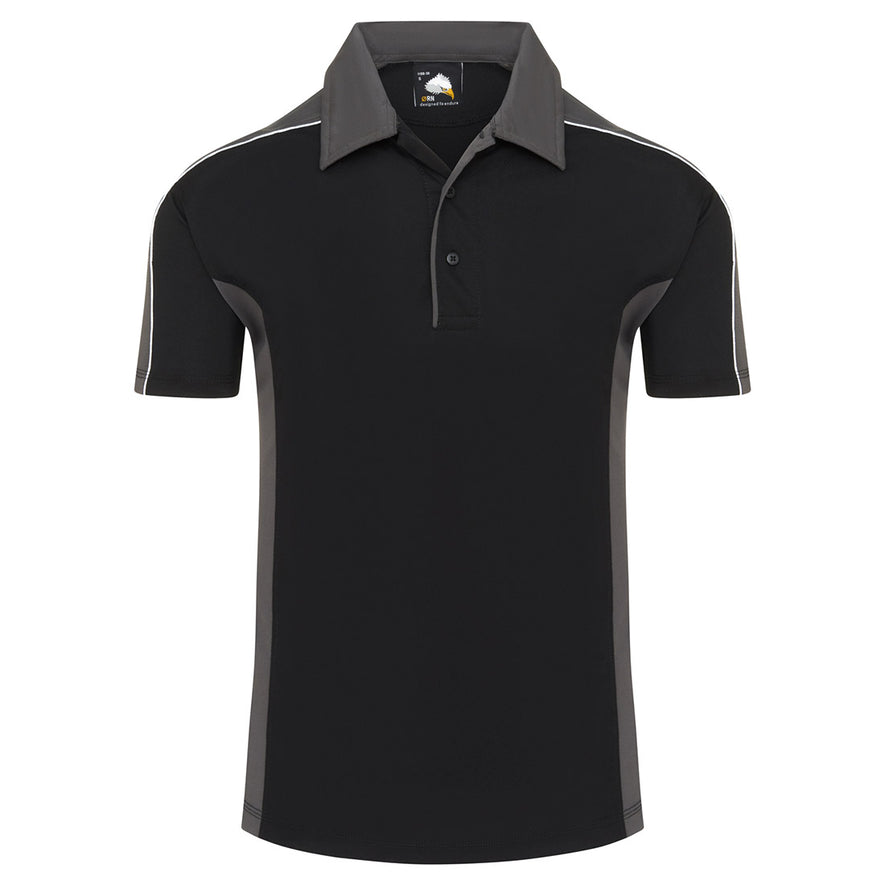 Orn Workwear Avocet Wicking Poloshirt with button up collar in black with graphite grey contrast on the collar, arms and sides of the shirt, with white piping.