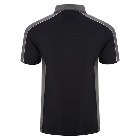 Back of Orn Workwear Avocet Wicking Poloshirt with button up collar in black with graphite grey contrast on the collar, arms and sides of the shirt, with white piping.