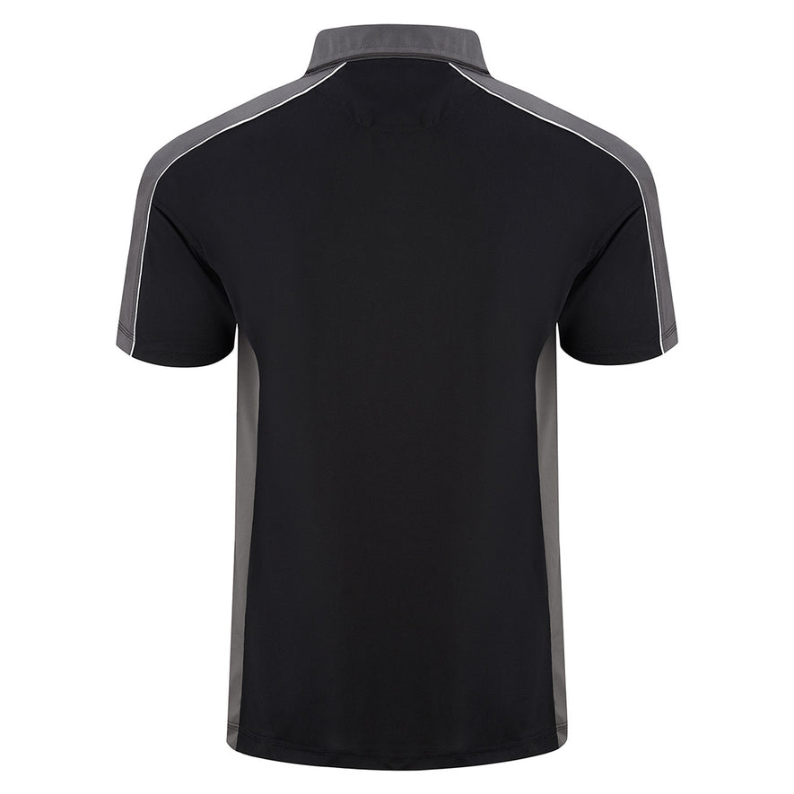 Back of Orn Workwear Avocet Wicking Poloshirt with button up collar in black with graphite grey contrast on the collar, arms and sides of the shirt, with white piping.