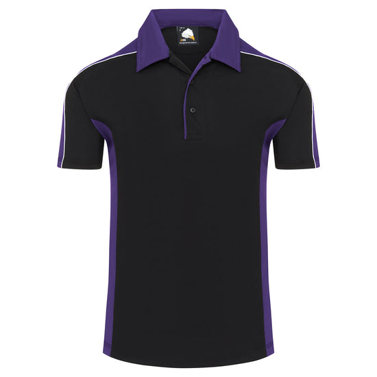 Orn Workwear Avocet Wicking Poloshirt with button up collar in black with purple contrast on the collar, arms and sides of the shirt, with white piping.