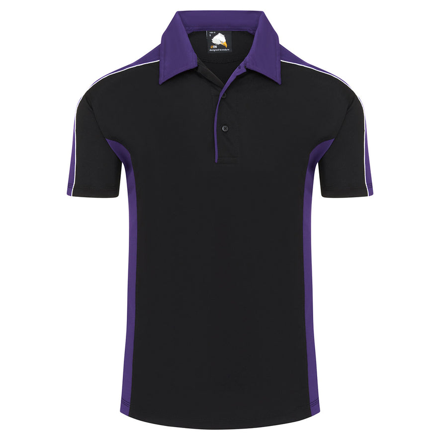 Orn Workwear Avocet Wicking Poloshirt with button up collar in black with purple contrast on the collar, arms and sides of the shirt, with white piping.