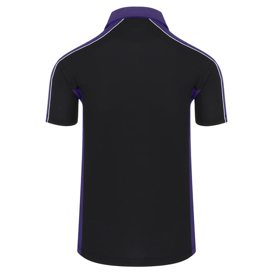 Back of Orn Workwear Avocet Wicking Poloshirt with button up collar in black with purple contrast on the collar, arms and sides of the shirt, with white piping.