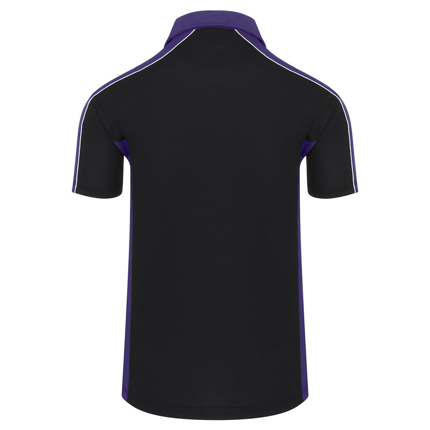 Back of Orn Workwear Avocet Wicking Poloshirt with button up collar in black with purple contrast on the collar, arms and sides of the shirt, with white piping.