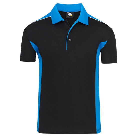 Orn Workwear Avocet Wicking Poloshirt with button up collar in black with reflex blue contrast on the collar, arms and sides of the shirt, with white piping.