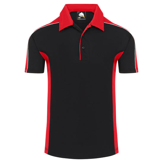 Orn Workwear Avocet Wicking Poloshirt with button up collar in black with red contrast on the collar, arms and sides of the shirt, with white piping.