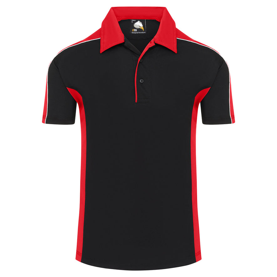 Orn Workwear Avocet Wicking Poloshirt with button up collar in black with red contrast on the collar, arms and sides of the shirt, with white piping.