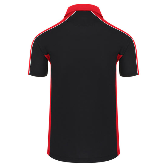 Back of Orn Workwear Avocet Wicking Poloshirt with button up collar in black with red contrast on the collar, arms and sides of the shirt, with white piping.