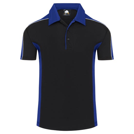 Orn Workwear Avocet Wicking Poloshirt with button up collar in black with royal blue contrast on the collar, arms and sides of the shirt, with white piping.